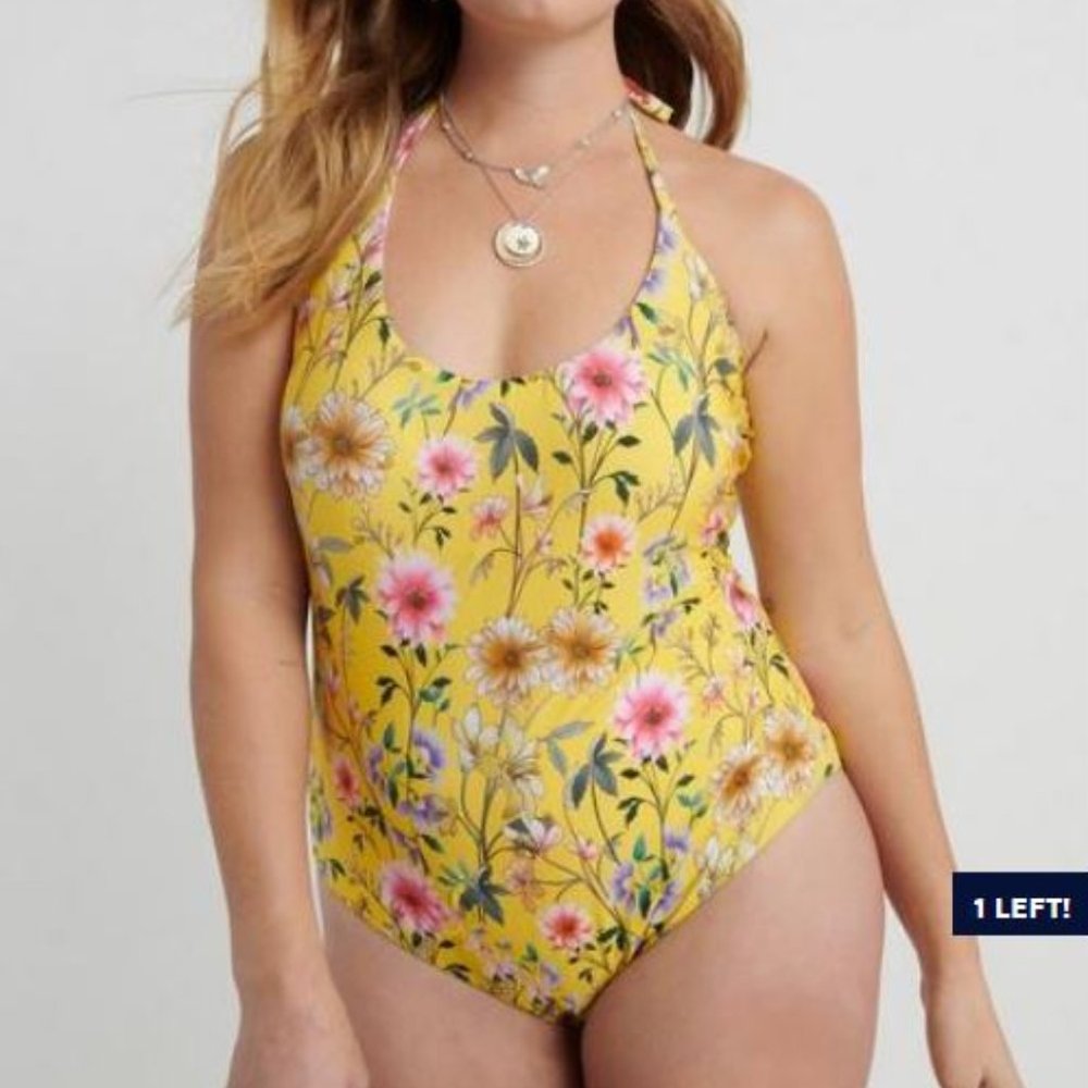 Lucky Brand Yellow Floral Print One Piece Swimsuit